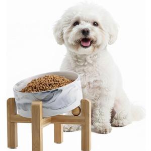 hjn Elevated Ceramic Dog Bowl 15°Slanted Raised Dog Bowl with Bamboo Stand for Small Medium Dogs and Cats, Pet Feeder -3.6-Cup (850ml)-Marble Gray