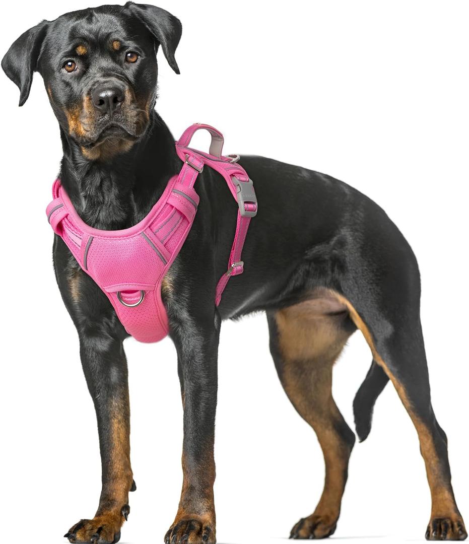 BARKBAY No Pull Dog Harness Large Reflective Dog Harness with Front Clip and Easy Control Handle for Walking Training Running with ID tag Pocket(Pink,XL)