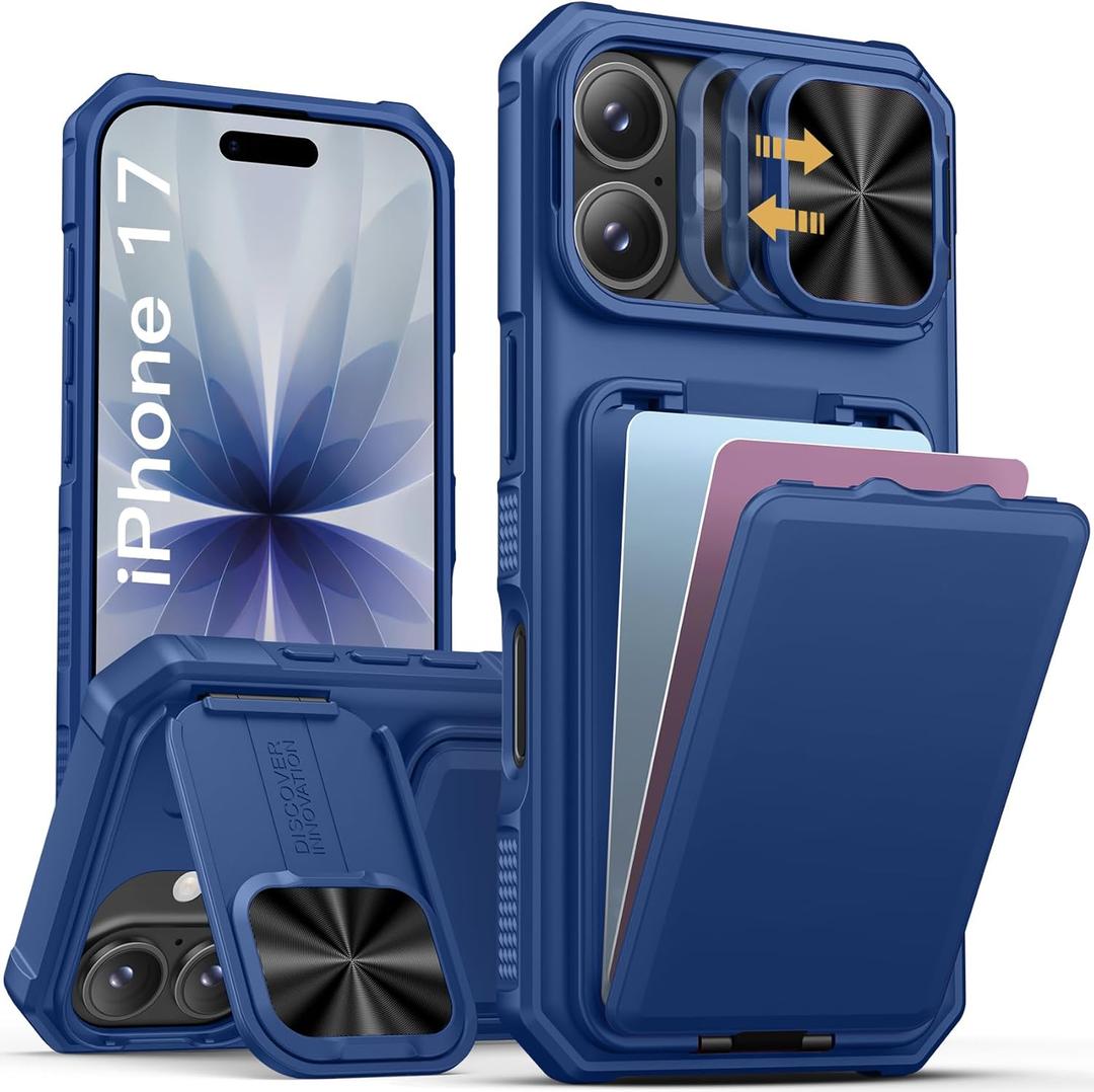 SSLOTSCASE for iPhone 17 Case with Stand & Credit Card Holder & Sliding Camera Cover & Camera Stand & Wallet, Rugged Durable Silicone Edge Protective Phone Case Cover for iPhone 17 6.3'' 5G 2025, Blue