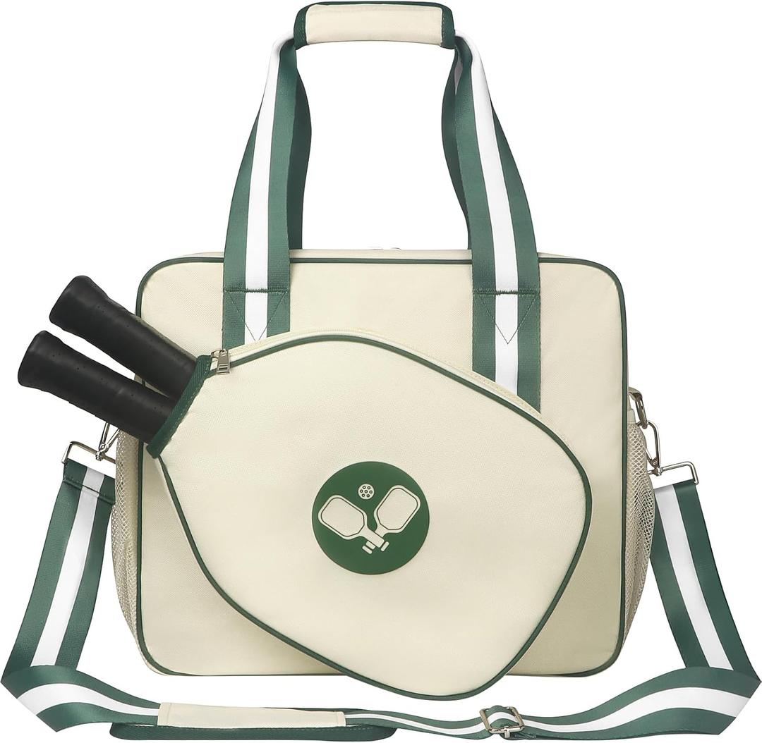 Newluck Pickleball Tote Sling Bag for Women/Men/Boy/Girl,Large Capacity,Adjustable Shoulder Strap with Fence Hook Accessories (Beige)