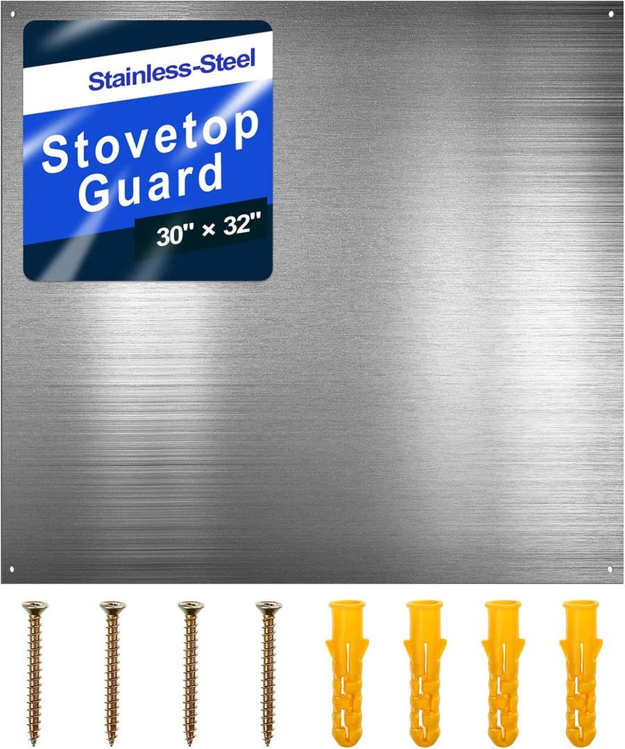 Reversible Stainless Steel Backsplash Behind Stove Metal BackSplash Panel Stainless Steel Cooking Backsplash Wall Panel for Kitchen Cooking Panel Pre Drilled Holes Matching Screws (32 x 30 Inch), 31.9"L x 29.9"W