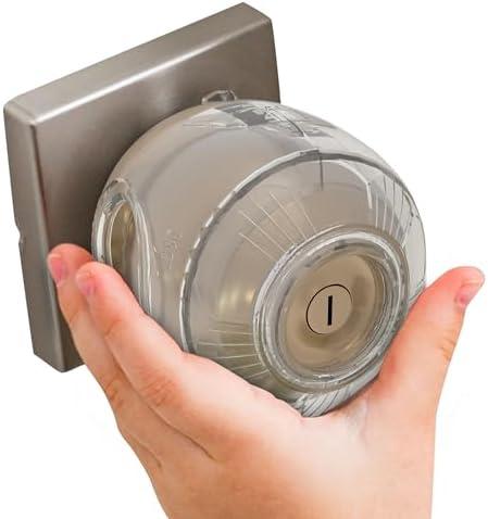 Child Safety Door Knob Cover (4 Pack) Hard-to-Remove Dual-Lock Door Handle Covers for Kids - Reusable Baby Proof Door Knob Locks - Installs Easily, No Tools Needed (Clear)