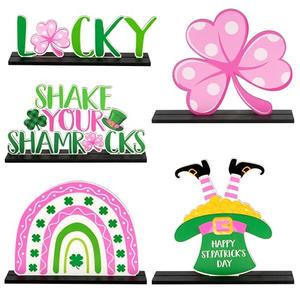 Haooryx St. Patrick's Day Wooden Centerpiece Decoration - 5 Pcs Green Pink Shamrock Wood Detachable Centerpiece Irish Lucky Shamrock Table Topper Sign for St. Patrick's Day Spring Party Decor Supply