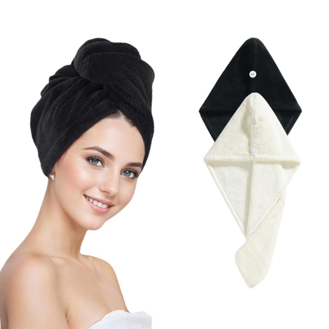 Microfiber Hair Towel Wrap for Women,2Pack Hair Towels with Button,Super Absorbent Hair Turbans for Wet Hair, Long,Curly Hair,Fast Hair Drying Towel (Black and White)