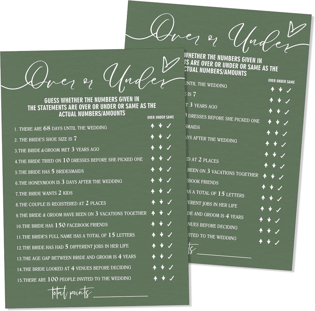 4 x Bridal Shower Games Cards, Guess Over or Under, Wedding Games for Reception 25 Guest Cards (5 × 7inches), Minimalist Green Engagement Party Wedding Supplies - E12