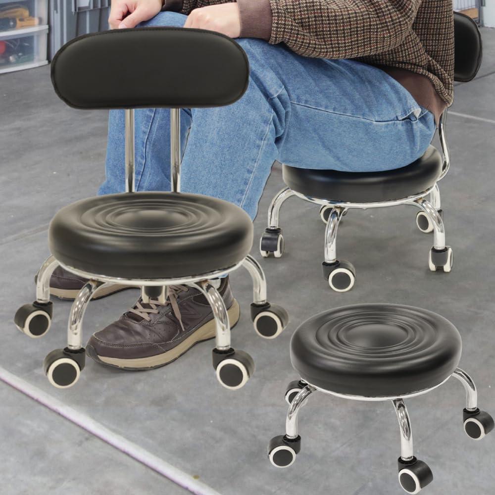 Japard Low Rolling Stool with Wheels High Backrest Garage Mechanic Roller Seat Chair, PU Leather Padded, Heavy Duty 220 lbs, Black (Black)