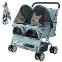 Double Pet Stroller for 2 Small Dogs & Cats, Side-by-Side Twin Travel Carriage with Safety Leashes, Mesh Windows & Double Storage Baskets, Lightweight & Foldable, 44lbs Capacity, Light Blue