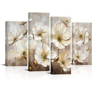 HOMEOART Flowers Wall Art For Living Room Rustic Flower Painting Prints Farmhouse Living Room Bedroom Decor, Framed Large 4 Pieces 48x34 inch, Brown and Gold, 4 Panels Overall: 34 H X 48 W Inch