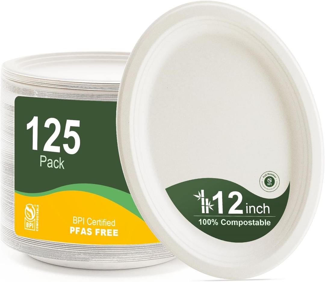 100% Compostable Oval Paper Plates 12 Inch, 125-Pack Large Heavy Duty Paper Plates Bulk, Biodegradable Bagasse, Eco-Friendly Disposable Dinner Plate for BBQ, Picnic, Party (BPI Certified, Microwaveable)