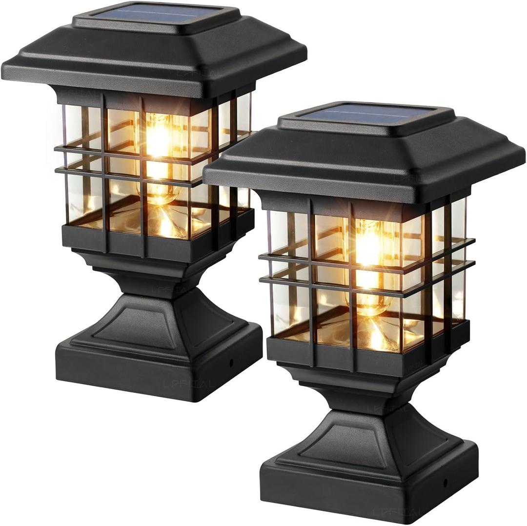 Solar Post Lights Outdoor Solar Cap Lights Deck Fence Cap for 4x4 5x5 6x6 Posts Patio Garden Courtyard Decoration Fixture Waterproof Warm White Lighting Black (2)