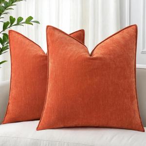 decorUhome Christmas Couch Throw Pillow Covers 18x18 Set of 2, Decorative Soft Euro Velvet Neutral Chenille Pillow Covers with Elegant Design for Sofa Bed Living Room Home Decor, Rust