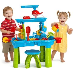 eaacaa Water Table with Chair  3-Tier Sand Water Sensory Table Toys for Toddlers & Kids Ages 3-8, Outdoor Backyard & Beach Play, Ideal Gift for Boys & Girls (Blue)
