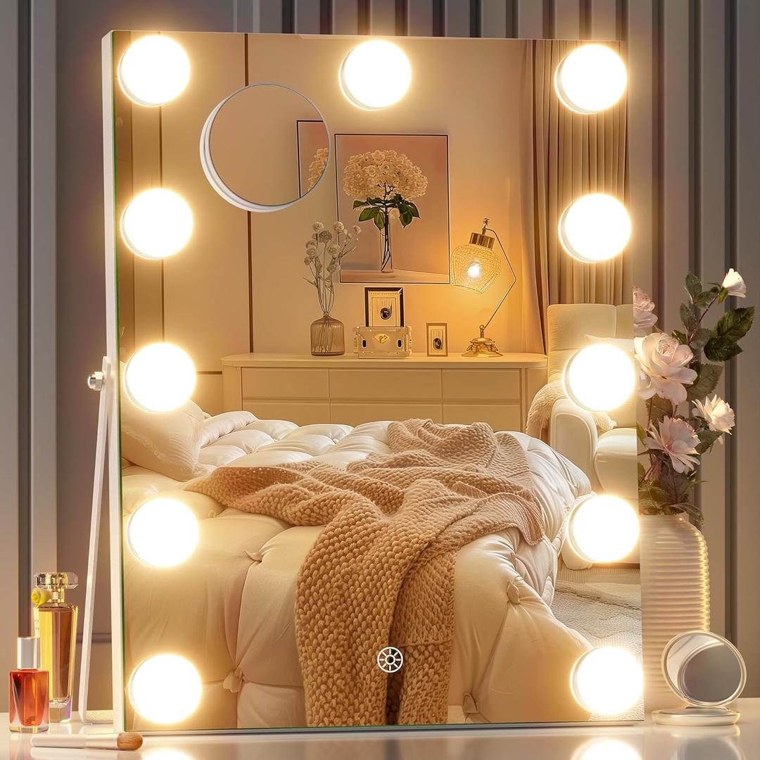 Hasipu Vanity Mirror with Lights, 11" x 14" Hollywood Mirror, Makeup Mirror with 11 Dimmable Bulbs and 10X Magnification, 3 Colors Modes, Touch Control, USB Charging Port, 360 Rotation, White