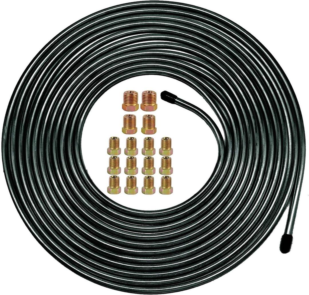 MuHize Brake Line Tubing Kit 1/4 inch 25 Ft. with 16 Fittings - Rust-Proof PVF Coated Steel Roll - Flexible Fuel & Transmission Line for Cars, Trucks, SUV - Fits Ford, Chevy, Dodge, Honda