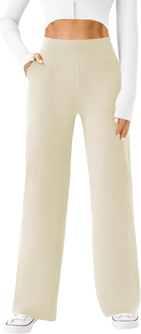 Womens Wide Leg Yoga Pants Casual Work Dress Pants Lounge Sweatpants High Waist Comfy Loose Trousers with Pockets (Medium, Khaki)
