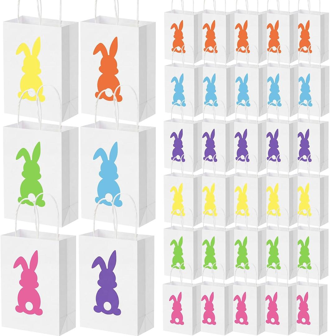 Silkfly 48 Pieces Easter Bunny Gift Bags Bulk White Easter Party Favor Bags with Handle Treat Bunny Candy Goodies Favor for Party Supplies Decoration
