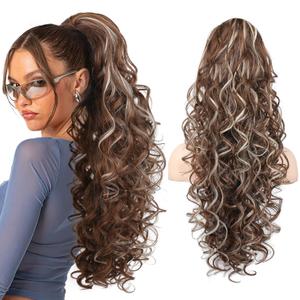 SEIKEA Ponytail Extension, 24" Fluffy Long Wavy Curly Claw Clip Hair Extensions Ponytail Multi-layered Clip in Fake Pony Tails Natural Soft Synthetic Hairpiece Light Brown with Blonde