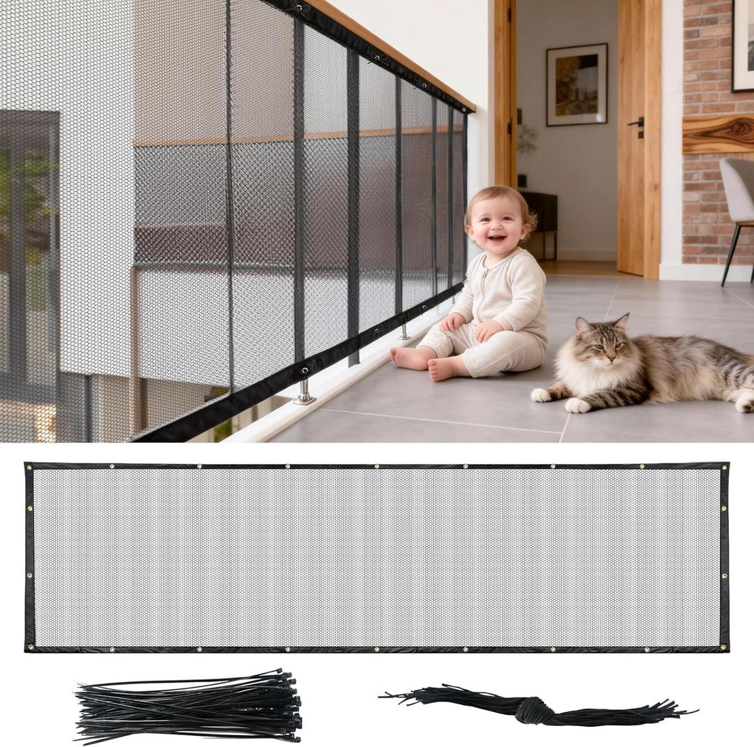 Banister Guard Safety Net 15 x 3 ft, Child and Pet Protection for Balcony and Stair, Black