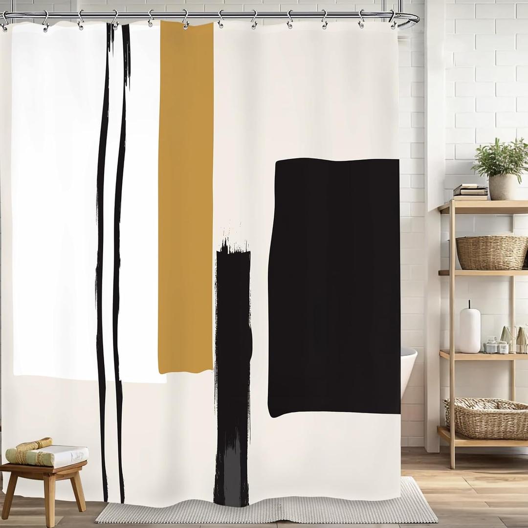 Yookeb Extra Long Abstract Neutral Bathroom Shower Curtain 71W by 96H Inch Geometric Black Painting Minimalist Modern Tan Striped Polyester Fabric 12 Plastic Hooks Waterproof Decor