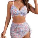 Blooming Jelly Women's Bikini Sets High Waisted Swim Skirt Tummy Control Swimsuits Two Piece Scalloped Trim Bathing Suit (Small, Orange Floral)