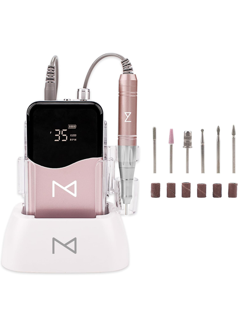 M Mase- Professional Nail Drill Machine - Coreless 2-in-1 Nail File - Electric, Cordless, 35000 RPM, HD Display - Electric Nail Drill for Professional & Home Use (Rose Gold)