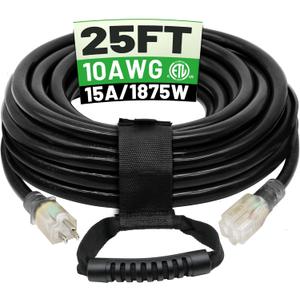 POWGRN 25 Ft 10AWG Black Outdoor Extension Cord Waterproof Heavy Duty 10 Gauge 3 Prong, Flexible Cold-Resistant Power Cord Indoor & Outside with Lighted Indicator End, 15Amp 1875W SJTW ETL Listed