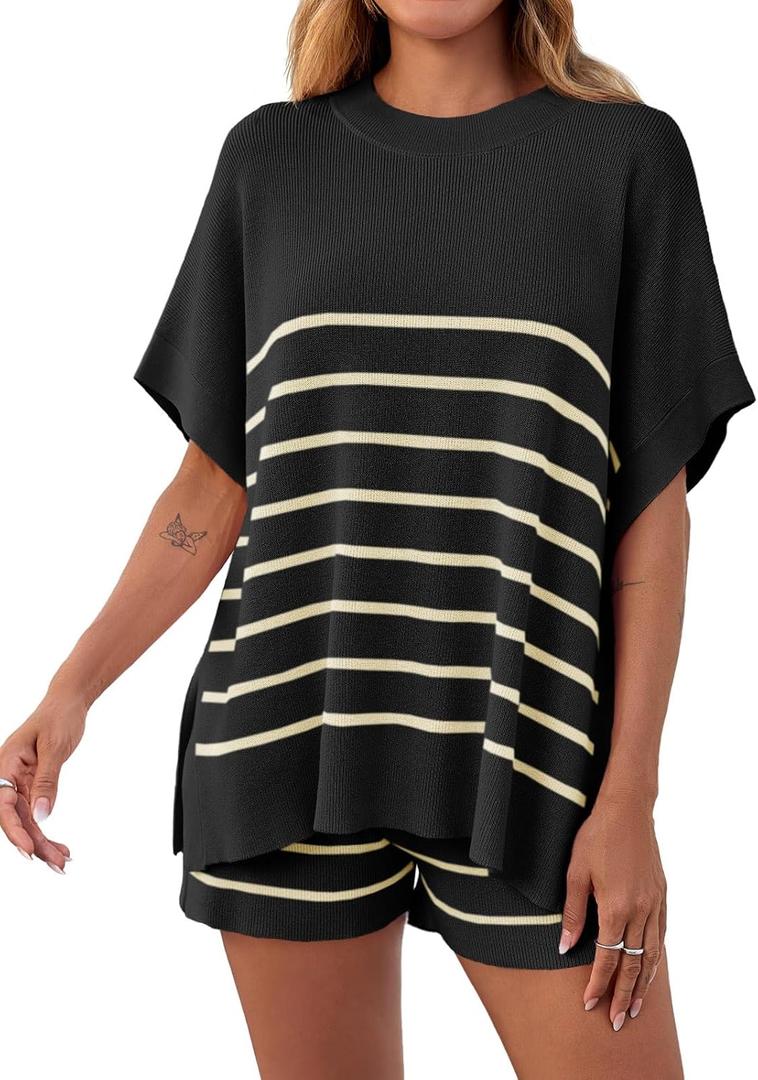 Fisoew Women's Striped 2 Piece Outfits Oversized Batwing Short Sleeve Tops High Waisted Shorts Summer Knit Lounge Short Sets (Black, XXL)