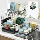 2 Tier Dish Drying Rack, Large Extendable Dish Racks for Kitchen Counter or Over Sink, Dishrack with Drainboard, 2-in-1 Anti-Rust Stainless Steel Dish Drainer with Utensil Holder & Cup Holder (Black)