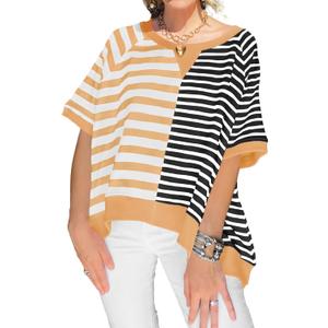 Tankaneo Womens Oversized Color Block Striped T-Shirts Summer Casual Short Sleeve Tops Trendy Loose Fit Crew Neck Tees