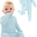 PATPAT Organic Cotton Baby Footie Pajamas with Two-Way Zipper & Fold-Over Mittens, Soft Stretchy Romper for Newborn Boy Girl (6-9 Months, Basic Blue)