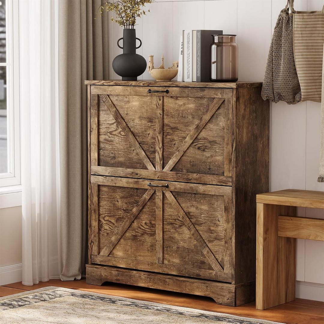 Semiocthome Farmhouse Shoe Storage Cabinet with 2 Flip Drawers, 31.5"(W) Freestanding Shoe Organizer with Barn Door and Metal Handles for Entryway, Corner Narrow Shoe Rack Cabinet - Rustic Brown