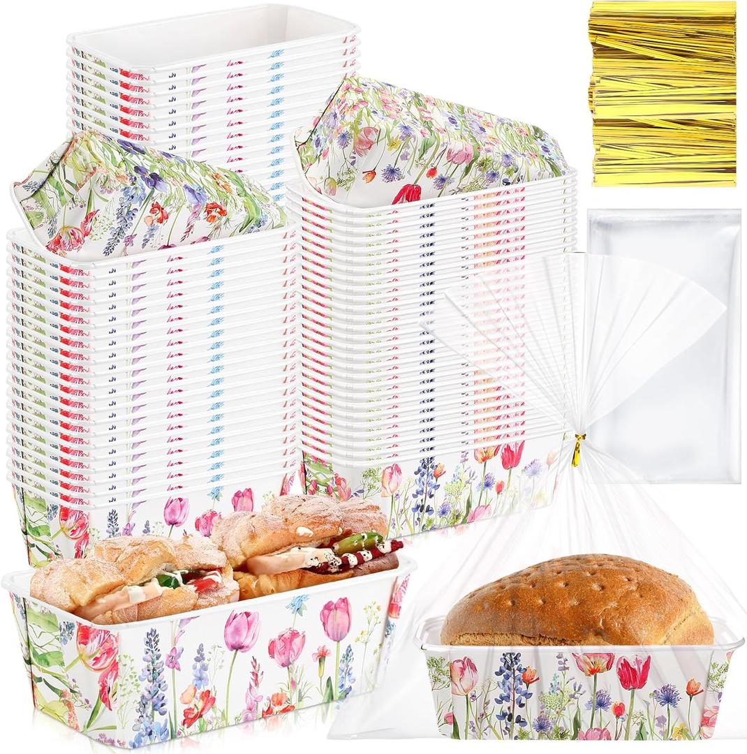 Honeydak 100 Sets Mini Loaf Pans Disposable Spring Paper Baking Pans Bulk 6.3 x 2.2 x 2.2 in Floral Serving Tray Wildflower Watercolor Pattern Party Supplies (Spring)