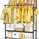 Rolling Clothes Rack with Doule Rod for Hanging, Heavy Duty Metal Garment Rack Load 450 LBS with Lockable Wheel, Free Standng Clothing Rack with 2 Shelves and Side Hooks for Home Commercial, Black