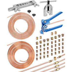 25 ft 3/16in &1/4in Copper Coated Brake Line Flaring Tool Kit, Includes 3-in-1 Tube Bender, Double & Single Flaring Tool Set, 4 Threads Unions, 40 Fittings