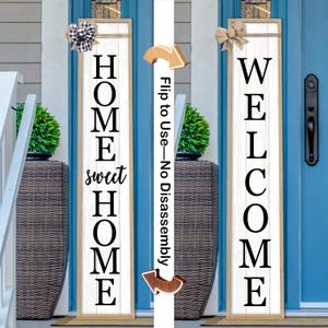 Outdoor 2in1 Welcome Sign for Front Door Home Sweet Home Sign for Farmhouse Tall Outdoor Front Porch Standing 2 Sided 45"X9" Large Vertical Leaner Rustic Outside Decor (Wood White), 45L" x 9W"