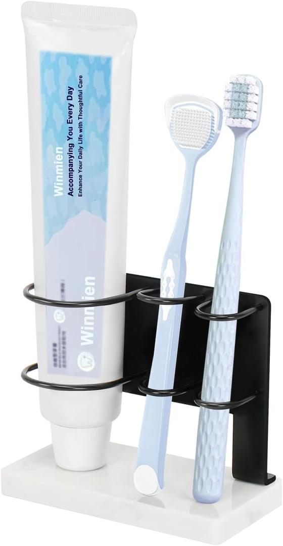 Toothbrush Holder for Bathroom Counter, Metal Toothbrush and Toothpaste Holder Stand with Marble Base for Bath Organizer Countertop, 3 Slots (Matte Black)
