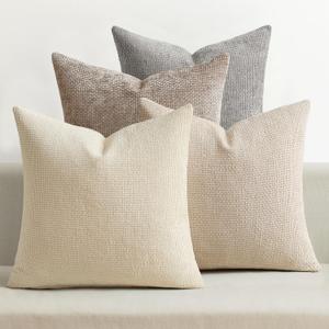 MIULEE Pack of 4 Couch Throw Pillow Covers 16x16 Inch Neutral Beige/Brown Soft Decorative Chenille Pillow Covers Farmhouse Accent Cushion Covers for Boho Spring Home Decor Sofa Bedroom Living Room
