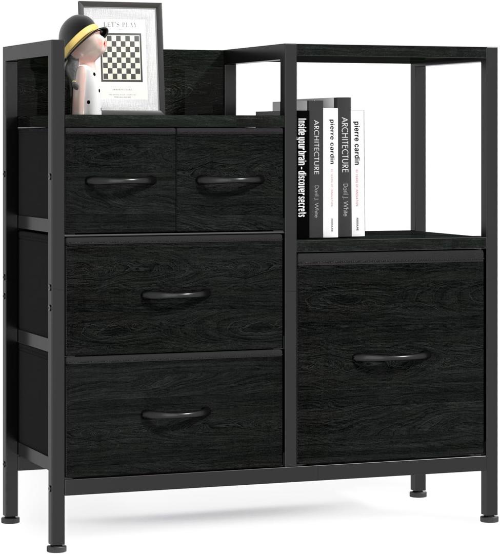Furnulem Dressers for Bedroom Organization Fabric Dresser Units with 5 Storage Drawers Sturdy 2 Tier Shelf Large Space Drawer for Hallway Entryway Dorm Black (Black Oak)