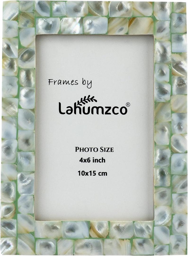 Mother of Pearl Photo Frame 4x6  Handmade Decorative Picture Frame for Tabletop or Wall  Elegant Pearl Inlay Home Dcor for Living Room, Bedroom, Office (Green)