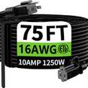 HUANCHAIN Indoor Outdoor Black Extension Cord 75 Ft Waterproof, 16/3 Gauge Flexible Cold-Resistant Appliance Extension Cable Outside, 10A 1250W 16AWG SJTW, 3 Prong Electric Cord, ETL