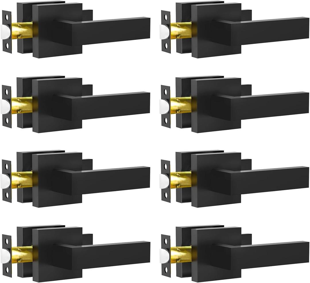 Passage Door Lever, 8 Pack Matte Black Interior Door Handles for Hallway and Closet, Heavy Duty Square Interior Keyless Door Handles Non-Locking Door Knobs for Right & Left Side Door