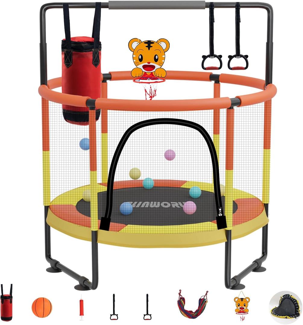 Trampoline for Kids, Adjustable Baby Toddler Trampoline with Basketball Hoop, 440lbs Indoor Outdoor Toddler Trampoline with Enclosure (Oragen Yellow)