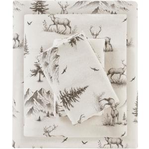 Woolrich Cotton Sheet Set Cottage Charms Print, 100% Cotton Flannel Sheets Warm & Fuzzy Bedding Set Full Size Sheets, Fitted Pocket Fits Up to 12" Mattress, Full Gray Deer Toile 4 Piece