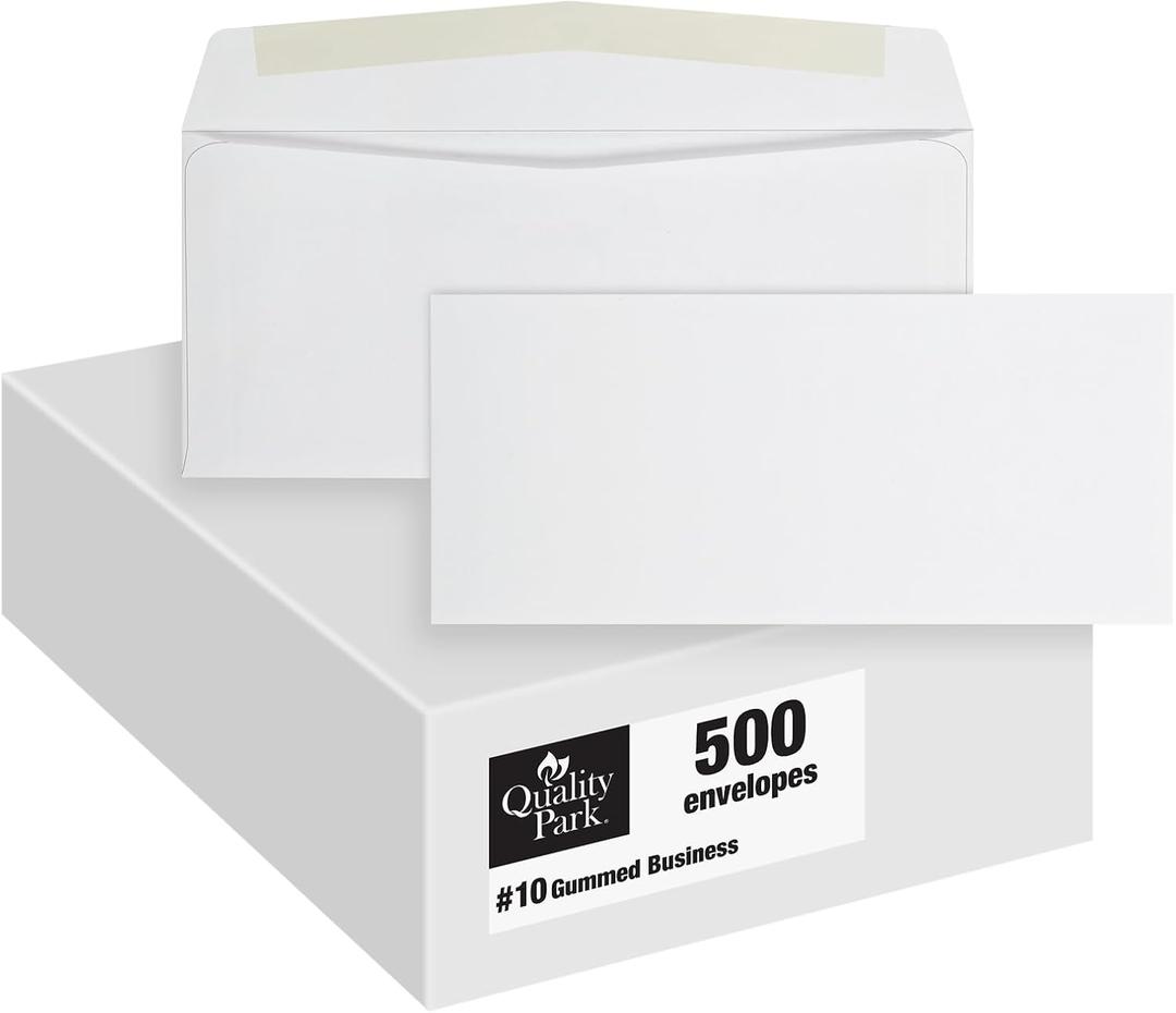 Quality Park #10 Envelopes, Letter Size White Mailing Envelopes, 4-1/8x9-1/2 Inch, No Window Business Envelopes, Gummed Closure, 500/Box (QUA90020)