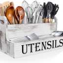 Suli Extra Large Kitchen Utensils Holder with 4 Compartments, White Wooden Utensil Organizer for Kitchen Countertop, Farmhouse Utensil Storage, Rustic Cooking Utensils - White Grain