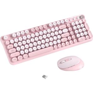 Wireless Keyboard and Mouse Combo, 2.4GHz USB Receiver, Plug and Play, Retro Full Size Typewriter Keyboard and Wireless Mouse for Computer, Laptop, Windows, Mac, and PC (Pink)