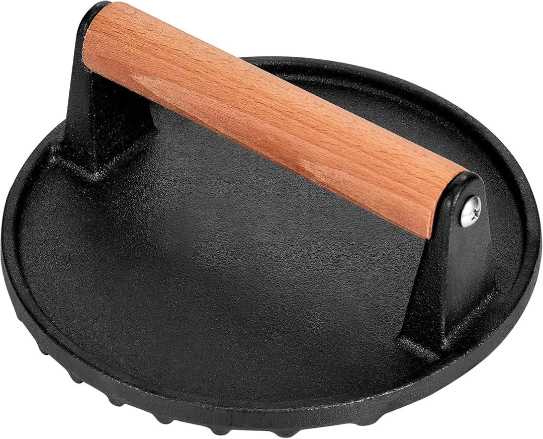 Smashed Burger Press, 7 Round Heavy-Duty Cast Iron Smash Meat Steak with Wooden Handle for Blackstone Griddle, Juicy and Crispy Burgers for BBQs, Cookouts