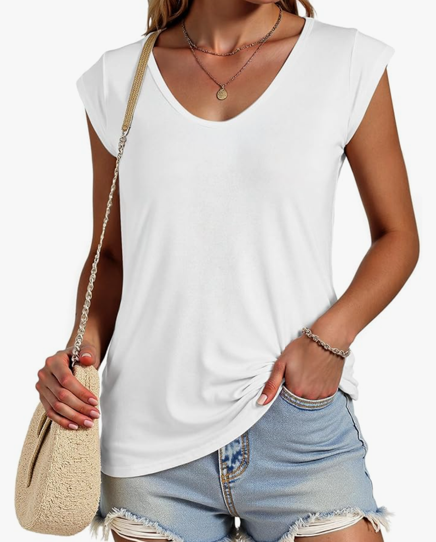 SOUWINEMYI Womens Cap Sleeve T Shirts V Neck Casual Tops Oversized TShirt Summer Trendy Lightweight Loose Fit Basic Tees (White,L)
