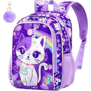 Girls Toddler Cat Backpack, Water Resistant Sequins Kindergarten Bookbag, 13" Preschool Backpacks for Little Kids - Cat Purple