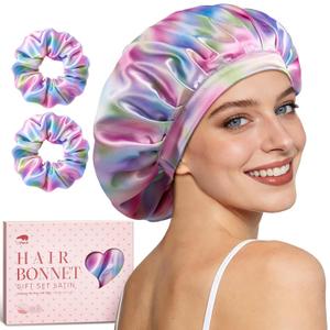 LitBear Silk Satin Bonnet for Sleeping Women, Adjustable Double Layer Hair Bonnet with Scrunchies for Curly Natural Hair, Non Slip Softer Night Sleep Cap Aura